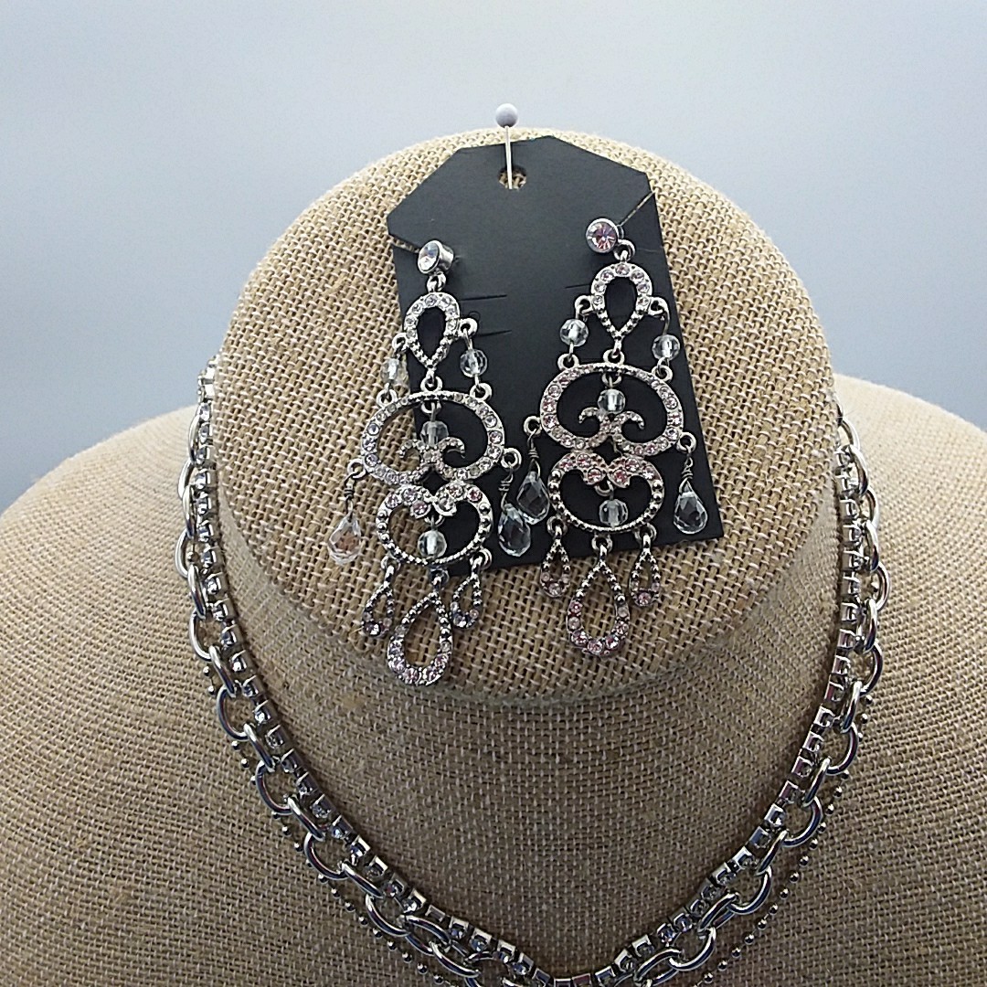3 Strand Cross Chunky Necklace Rhinestone Faux Pearl + Dangle Drop Earrings