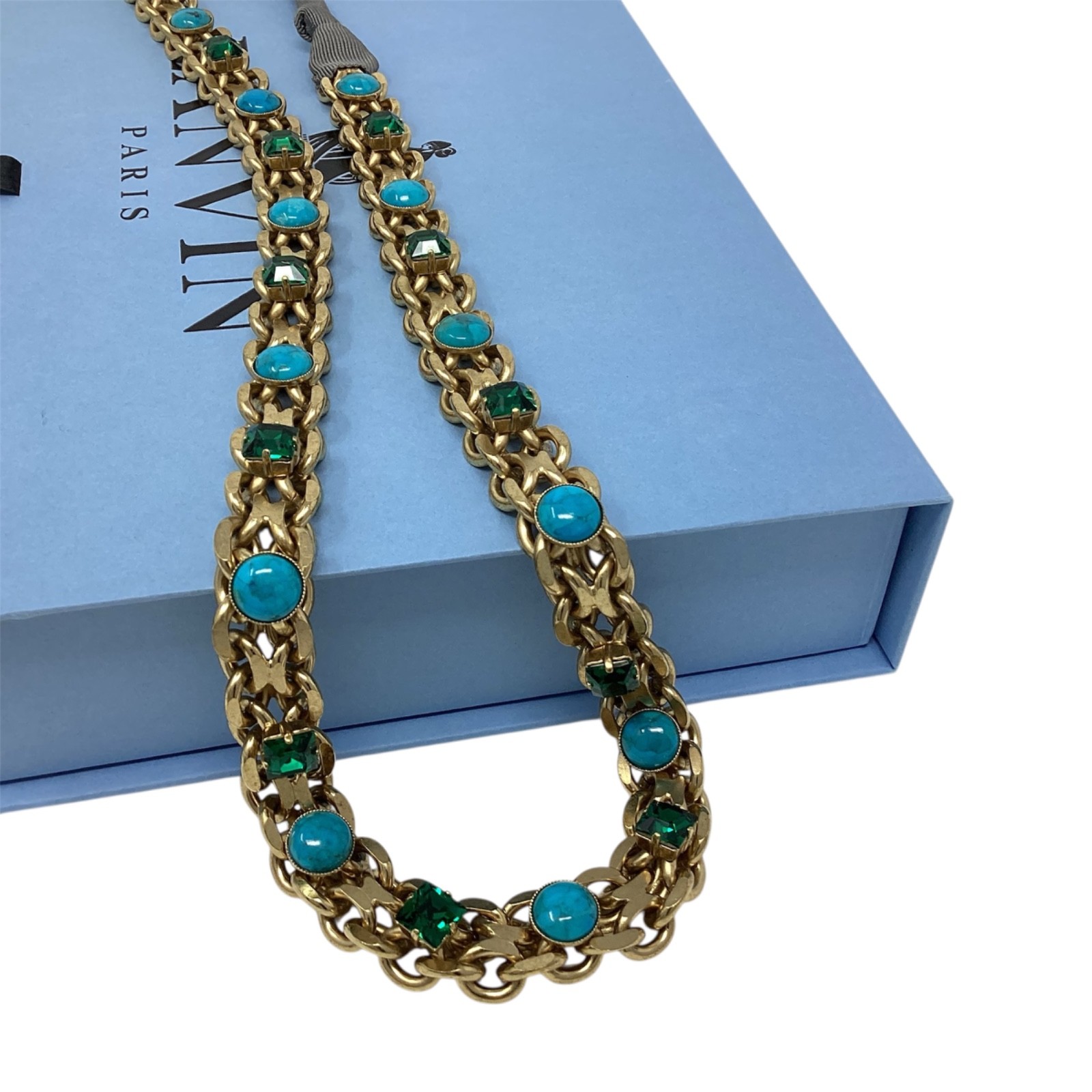 Lanvin Paris Long Necklace / Belt Gold-Tone Turquoise & Green Crystal New + Box