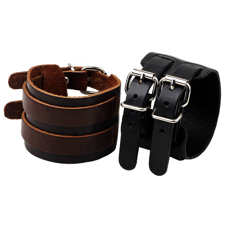 Men Genuine Leather Wide Cuff Bracelets & Bangles with Adjustable Double Buckles