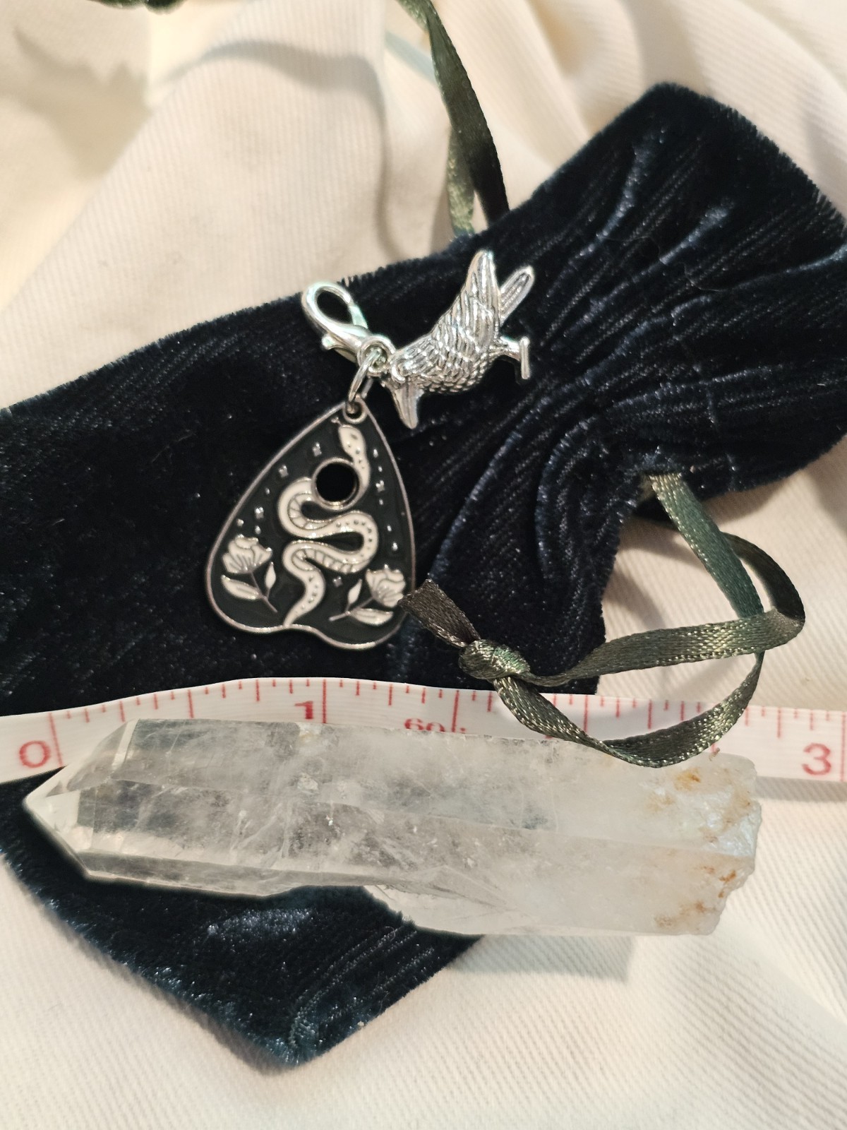 Silver Crow Planchette Dangle Charm Lobster Clasp Crystal Velvet Set