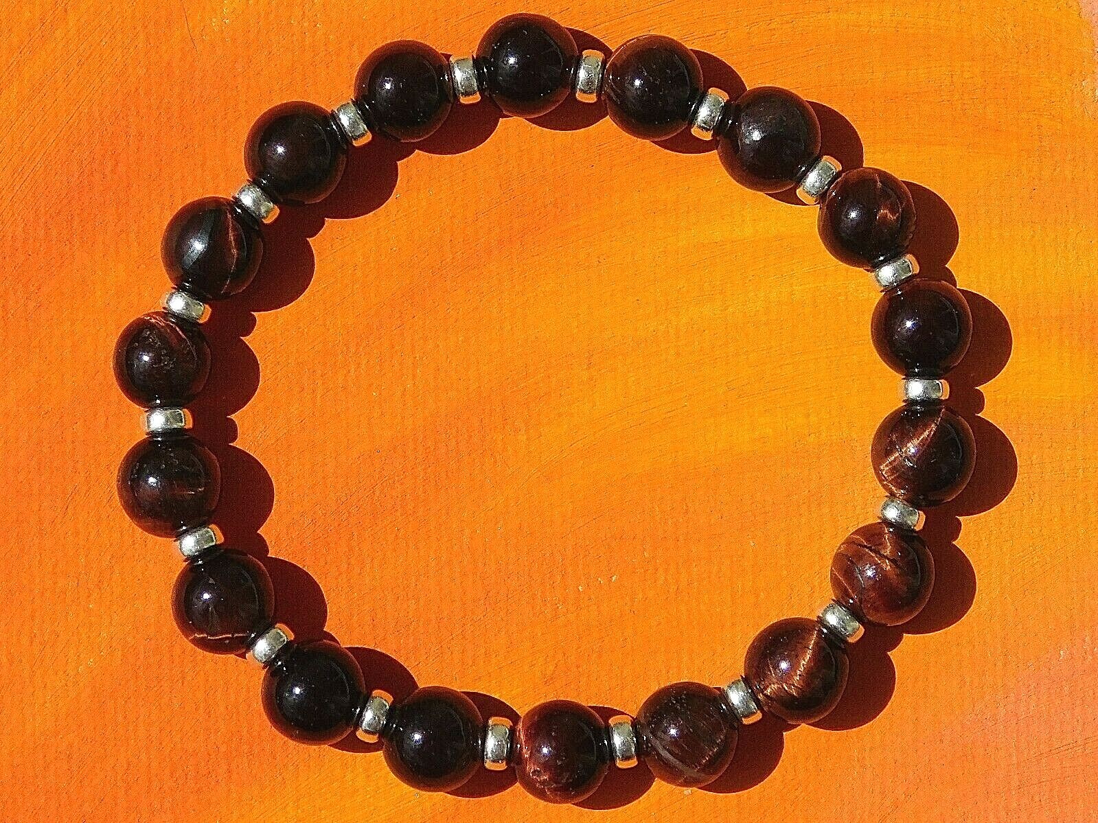 Mens / Ladies Handmade 8mm Gemstone & Silver Beaded Bracelet – Red Tiger’s Eye.
