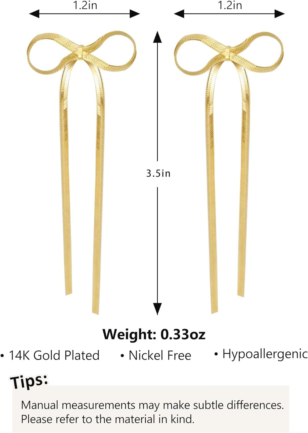 Bow Earrings for Women, 18K Gold Plated Bow Dangle Earrings Dangling Dangly Gold