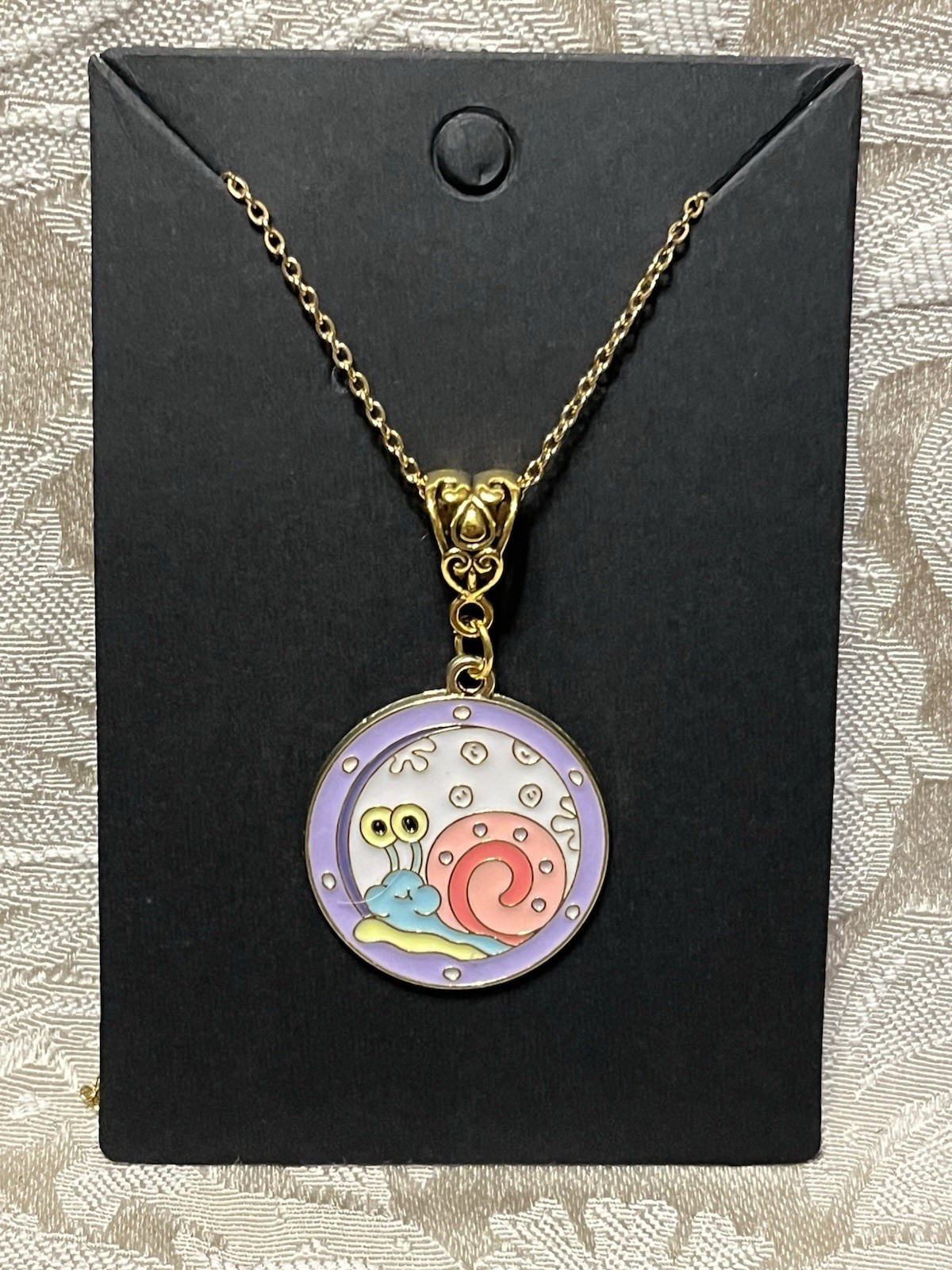 Gary The Snail Sponge Cartoon Enamel Pendant Gold 18” Necklace Novelty