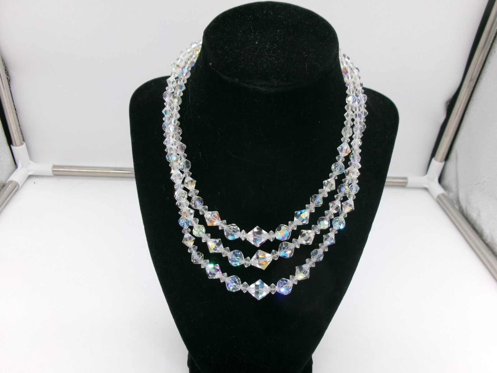 Vintage Crystal Bead Necklace Aurora Borealis Faceted Three Strand Choker