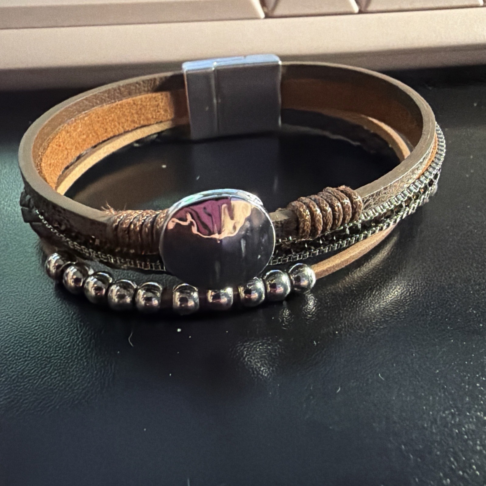 Ryze Magnetic Closure Cuff Multi Leather Beaded Bracelet