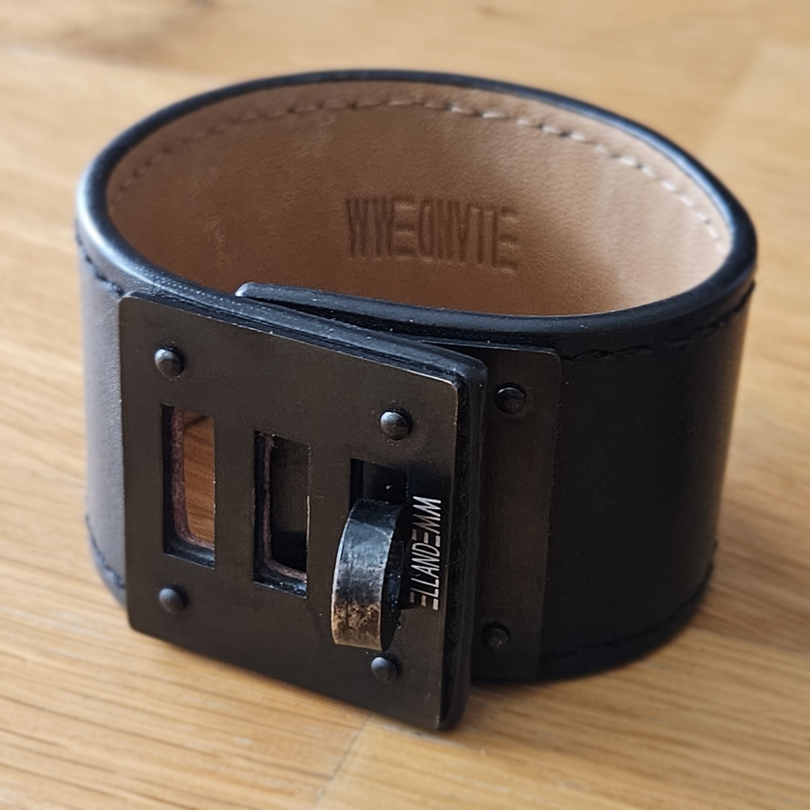So Black Leather Cuff Bracelet with Black Metal Hardware Clasp