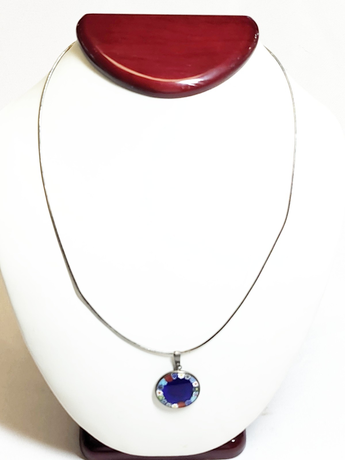 925 Sterling Silver Encased Millefiori Glass Pendant Necklace w/ Silver Emblem