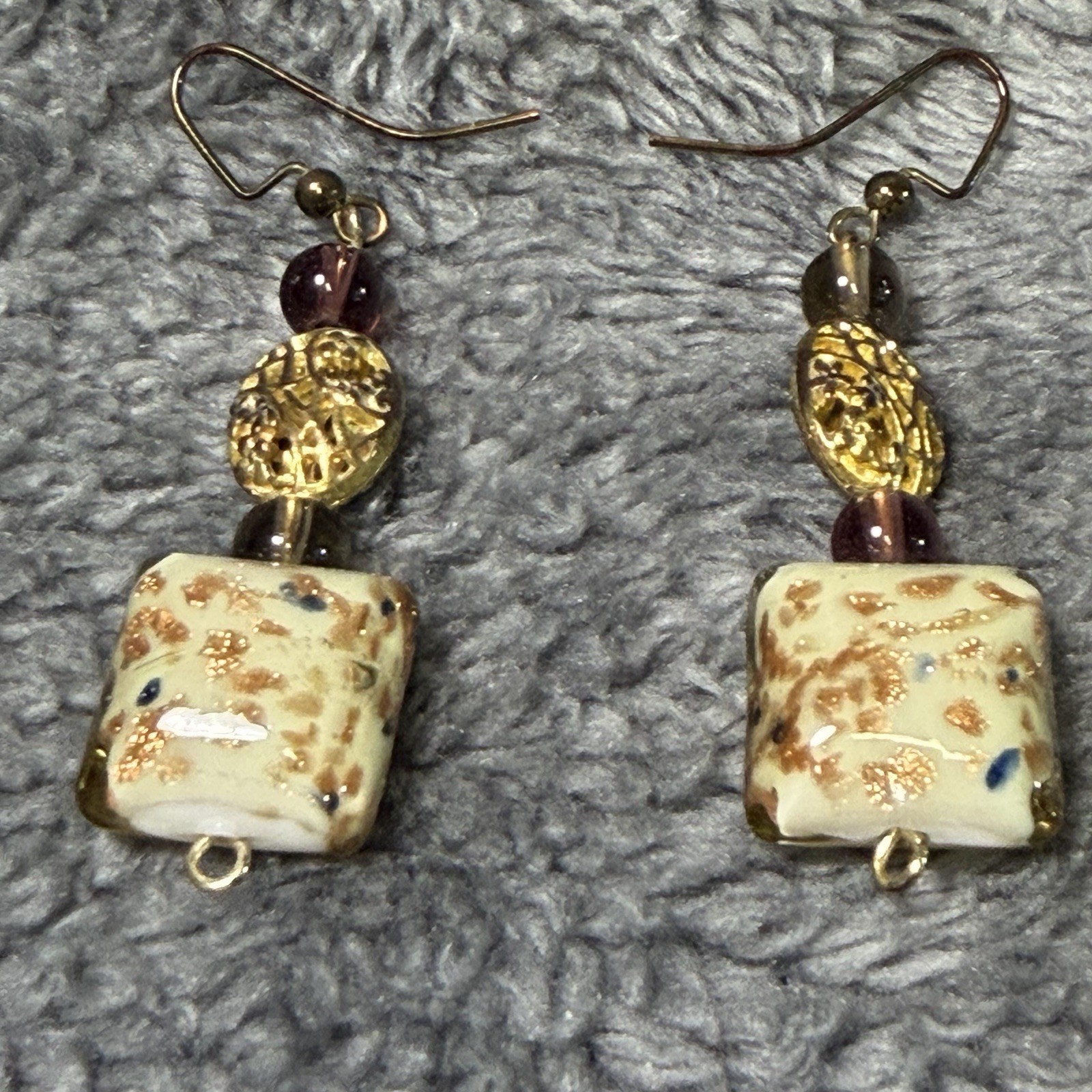 Gold & Ivory Square Glass Bead Dangle/Drop Earrings, Hook Closure, Metal