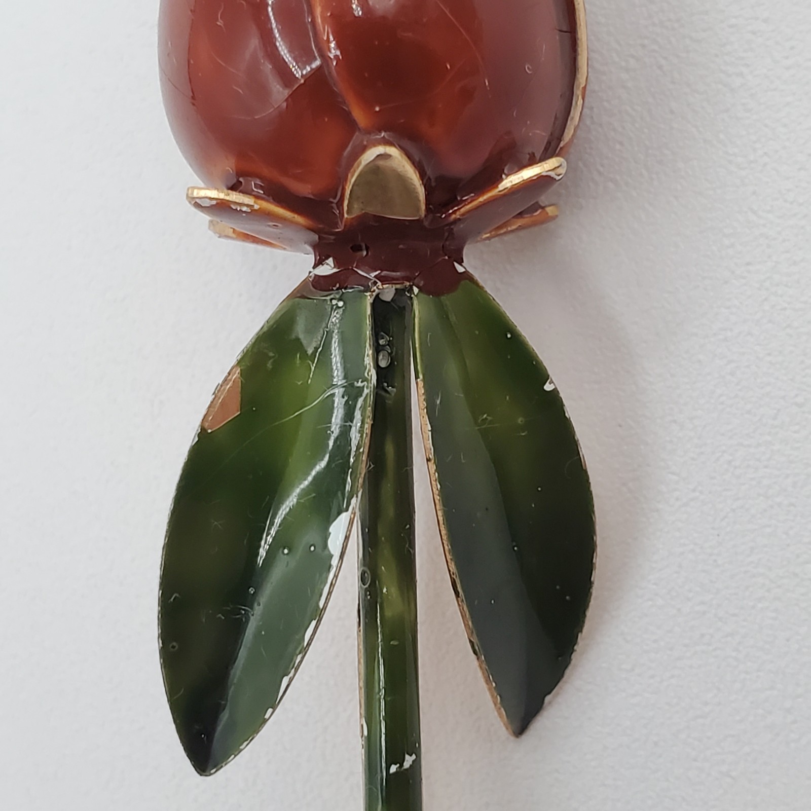 VTG Tulip Brooch 3in Brown Green Enamel Flower Stem Estate Parts Restore FLAW