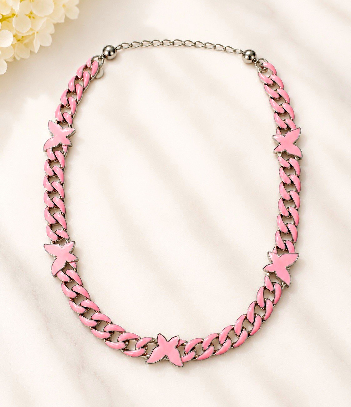 Pink Enamel Butterfly Silver Tone Curb Link Choker Necklace Adjustable