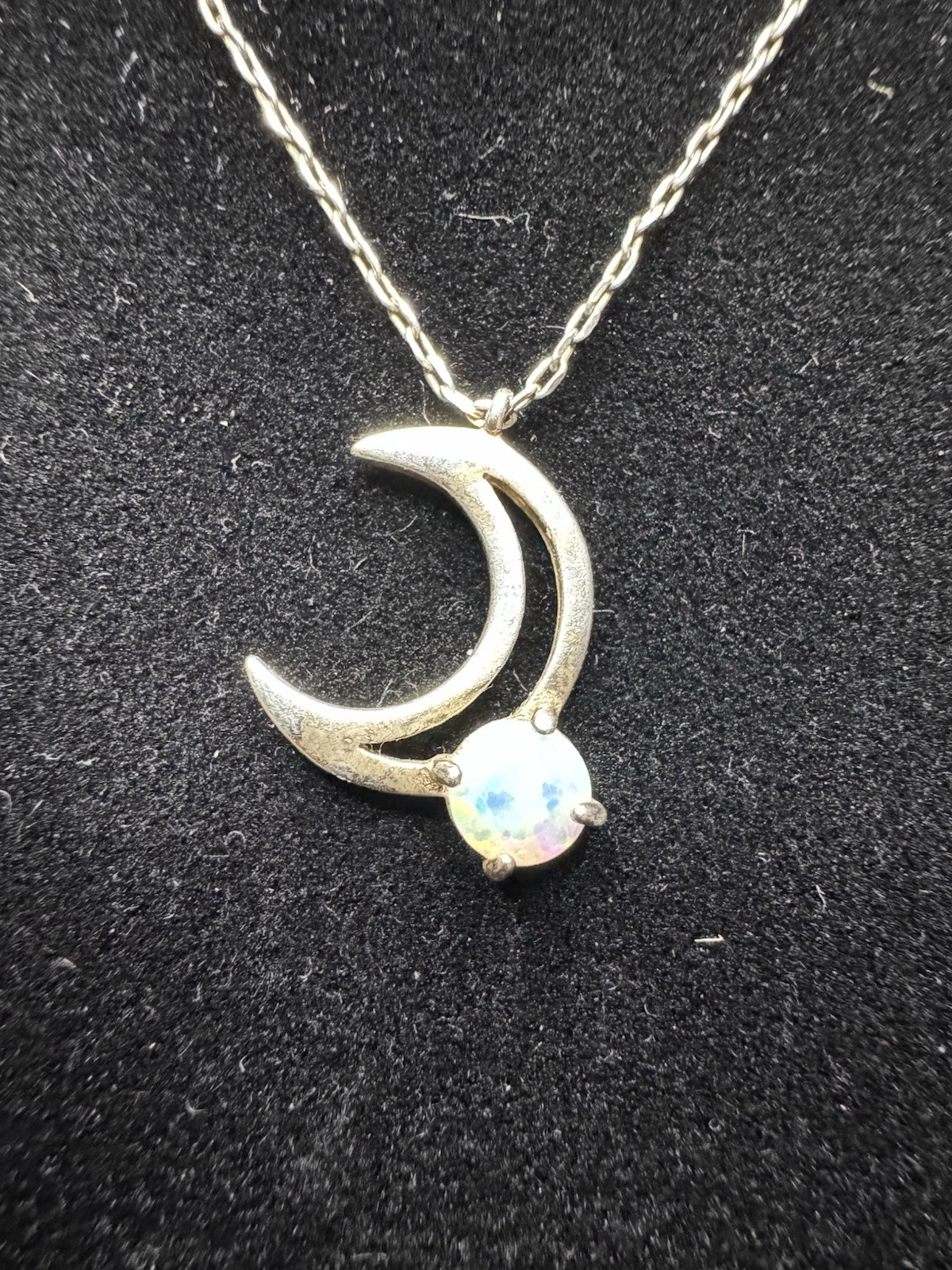 Sterling Silver 925 Crescent Moon Opal CZ Pendant Necklace Cable Chain Signed