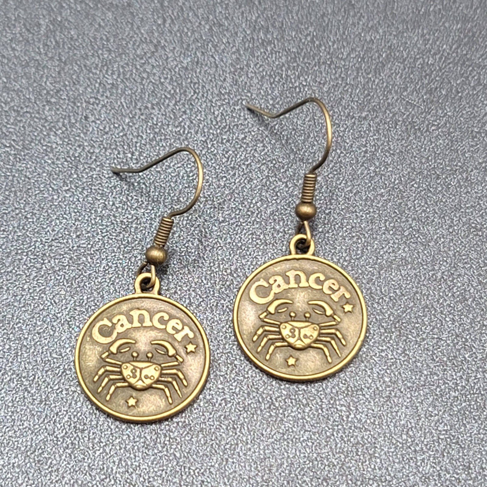 Zodiac Pierced Earrings Antiqued Gold tone Dangle Round 3/4″