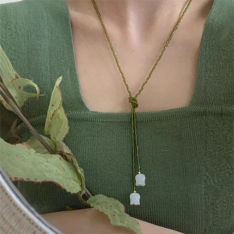 Olive Green Crystal Beaded Double Layer Lily of the Valley Necklace for Women