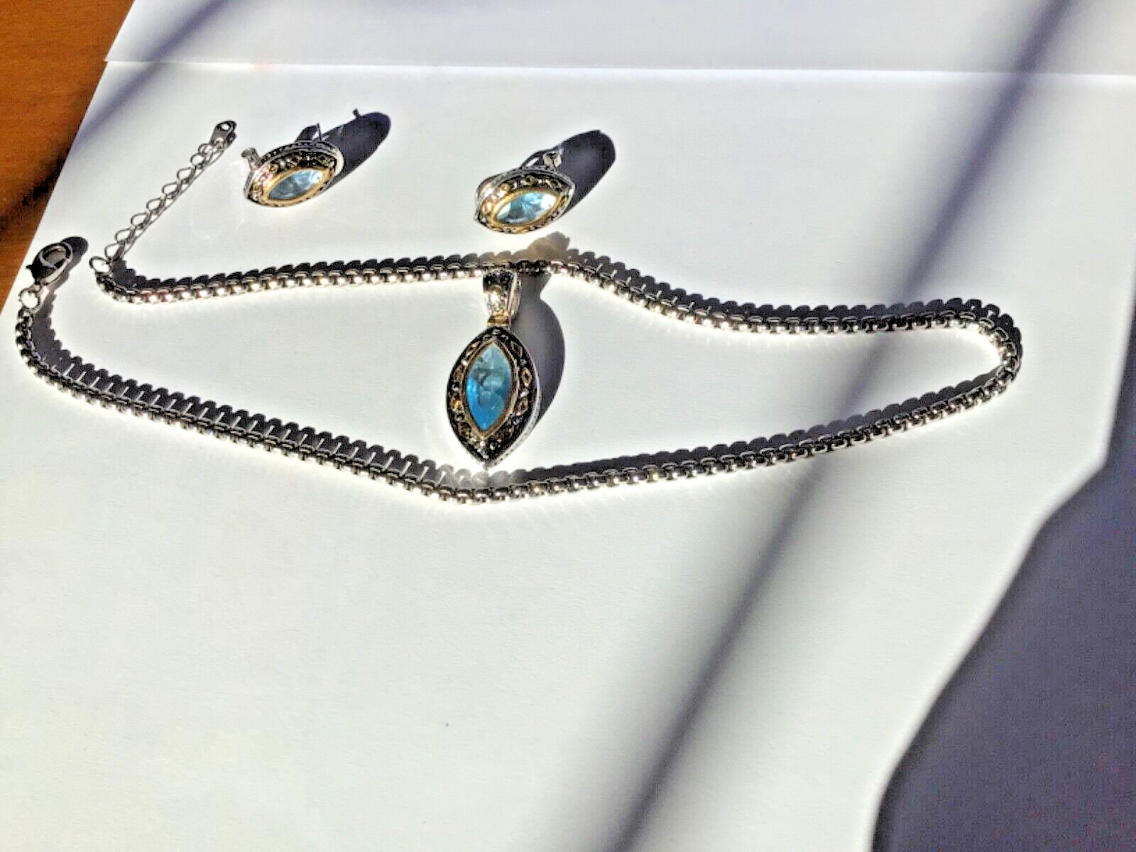 Topaz 3 Piece Necklace, Pierced Earrings, set in silvertone and gold tone