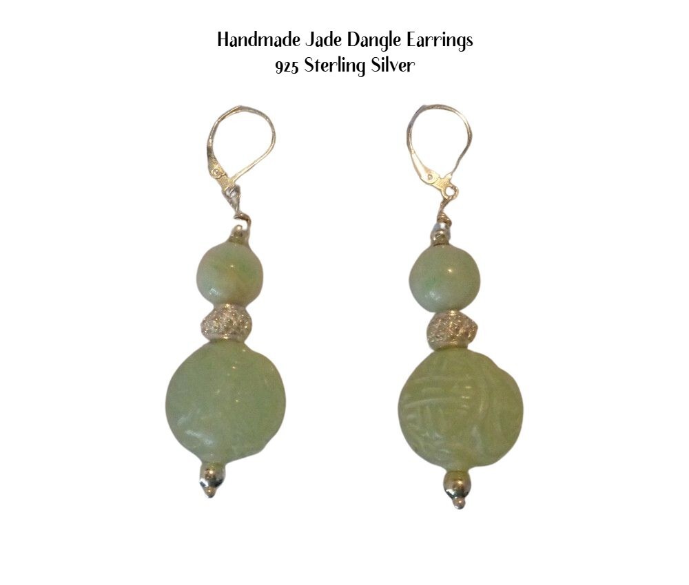 Carved Natural Green Jade Earrings 2.5” – Artisan Asian Jewelry Gift for Women