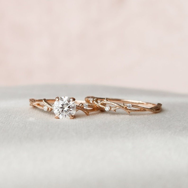 1.0 CT Round Cut Twig Branch Rose Gold Plated Silver Engagement Ring Set