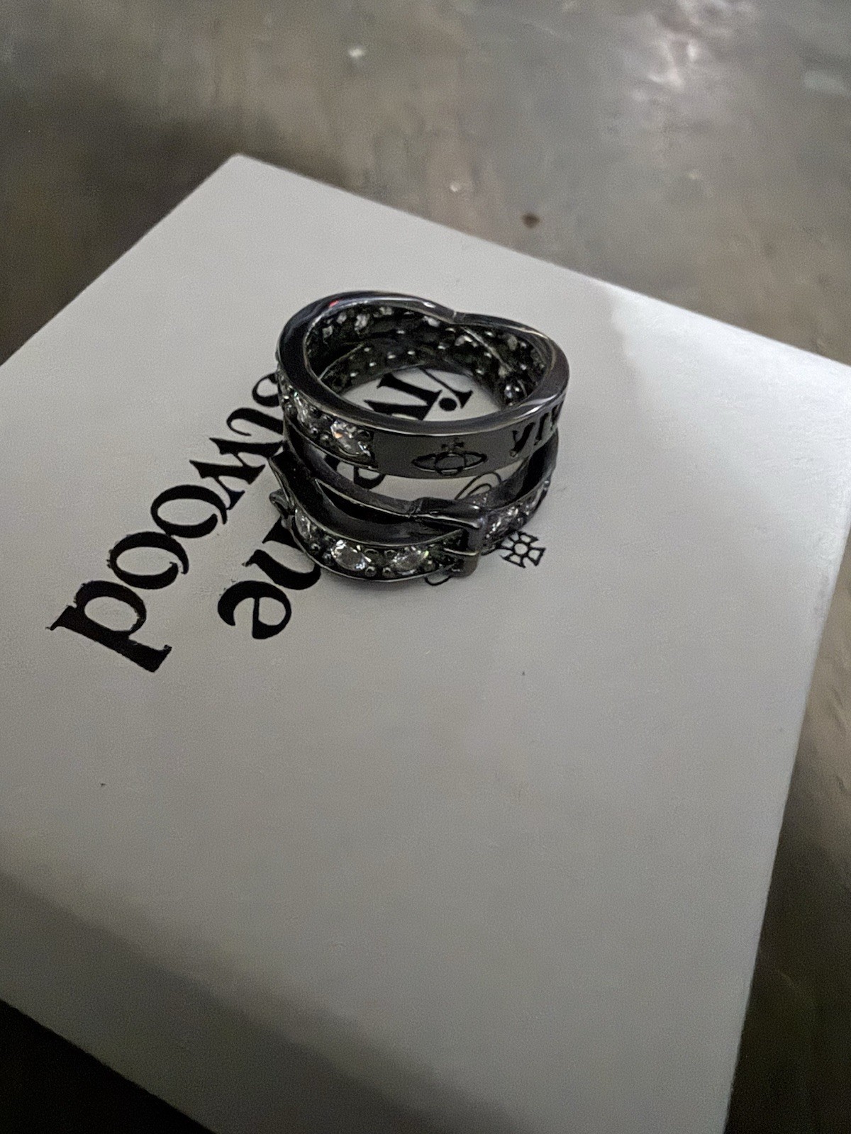 VTG Vivienne Westwood Used Black Silver belt ring rhinestones Size 6 Japan