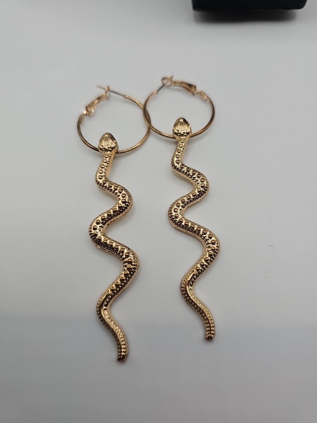 Gold Tone Serpent Dangle Earrings, Hoop And Pendant, 3.75 Inches, Pierced