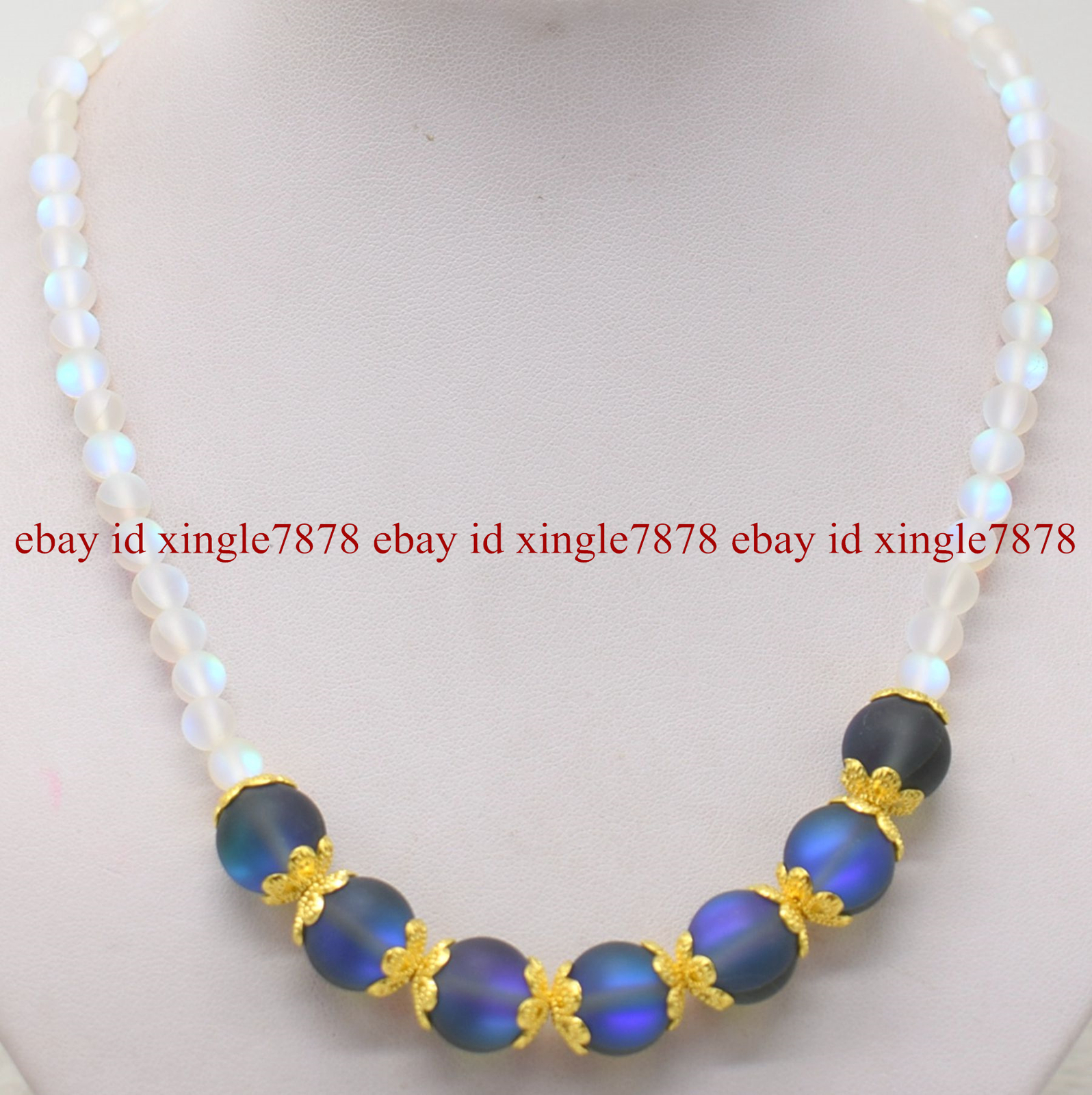 Fashion 6mm White & 12mm Gray Gleamy Rainbow Moonstone Gems Beads Necklace 20″