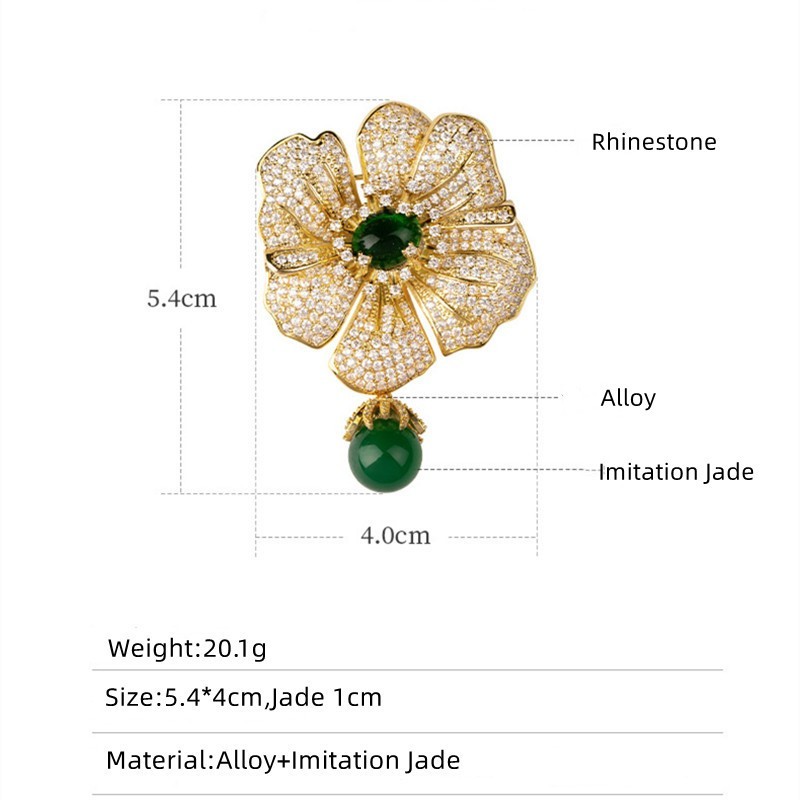 Green Imitation Jade Flower Brooch Pin Women Rhinestone Crystal Floral Gift