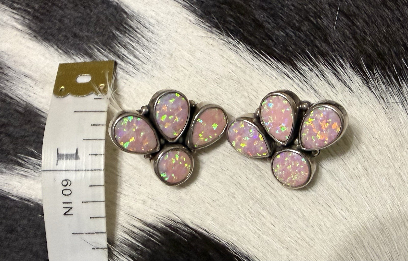 Pink Opal Flower Cluster Stud Earrings Silver Tone Butterfly Back