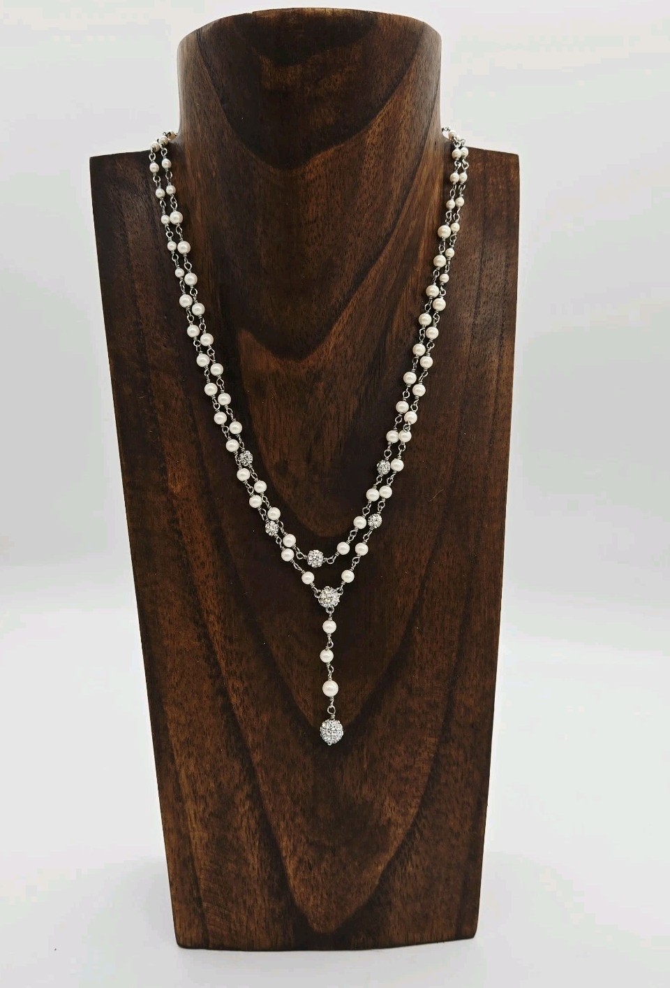 Carolee Necklace Faux Pearl Crystal Ball Silver tone Layered Y Drop 17.5 in