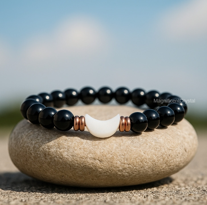 Black Obsidian Mother of Pearl Moon Bracelet Lunar Energy Healing Protection