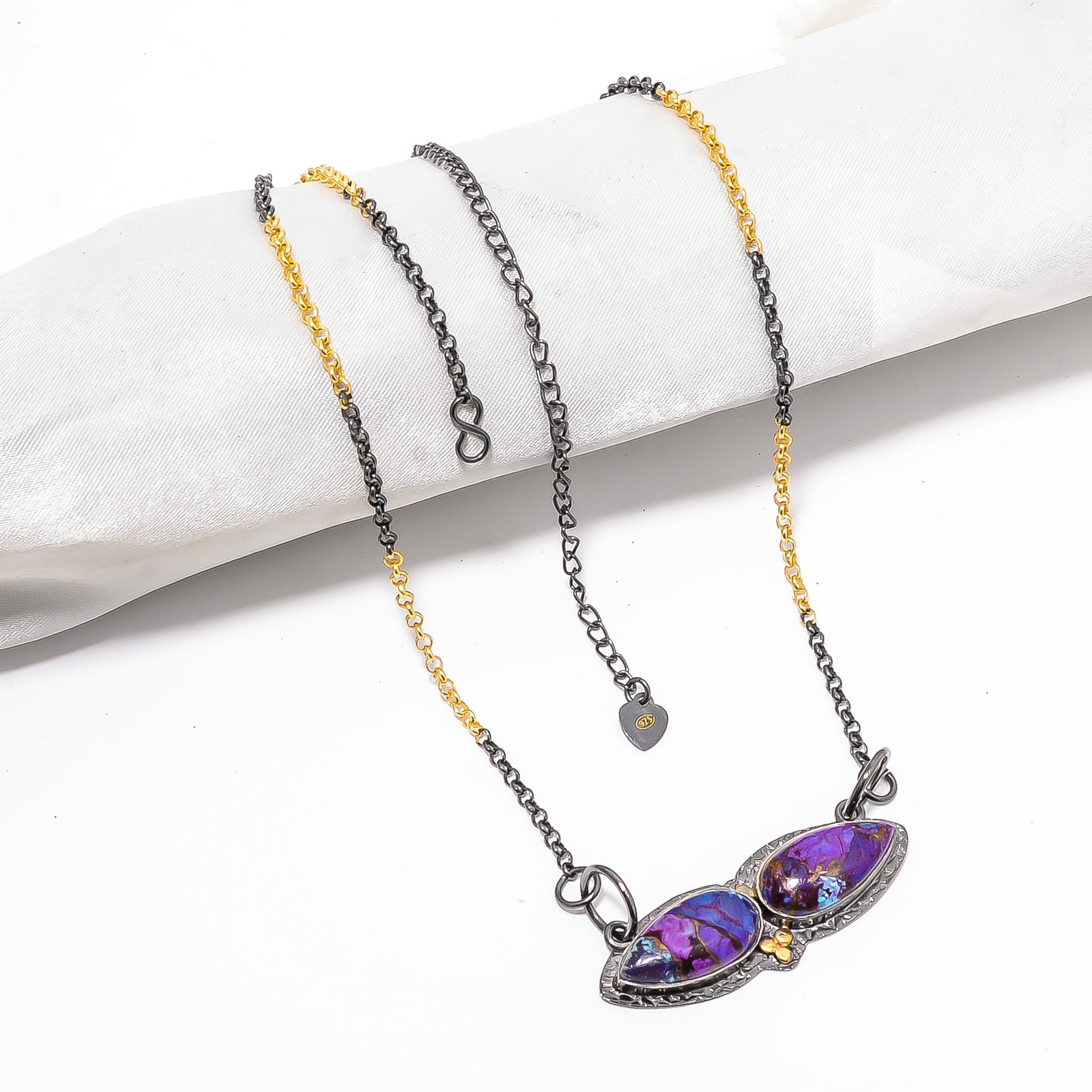 Copper Purple Turquoise Black And Gold Rhodium 925 Silver Pendant 18-22″ Cp7