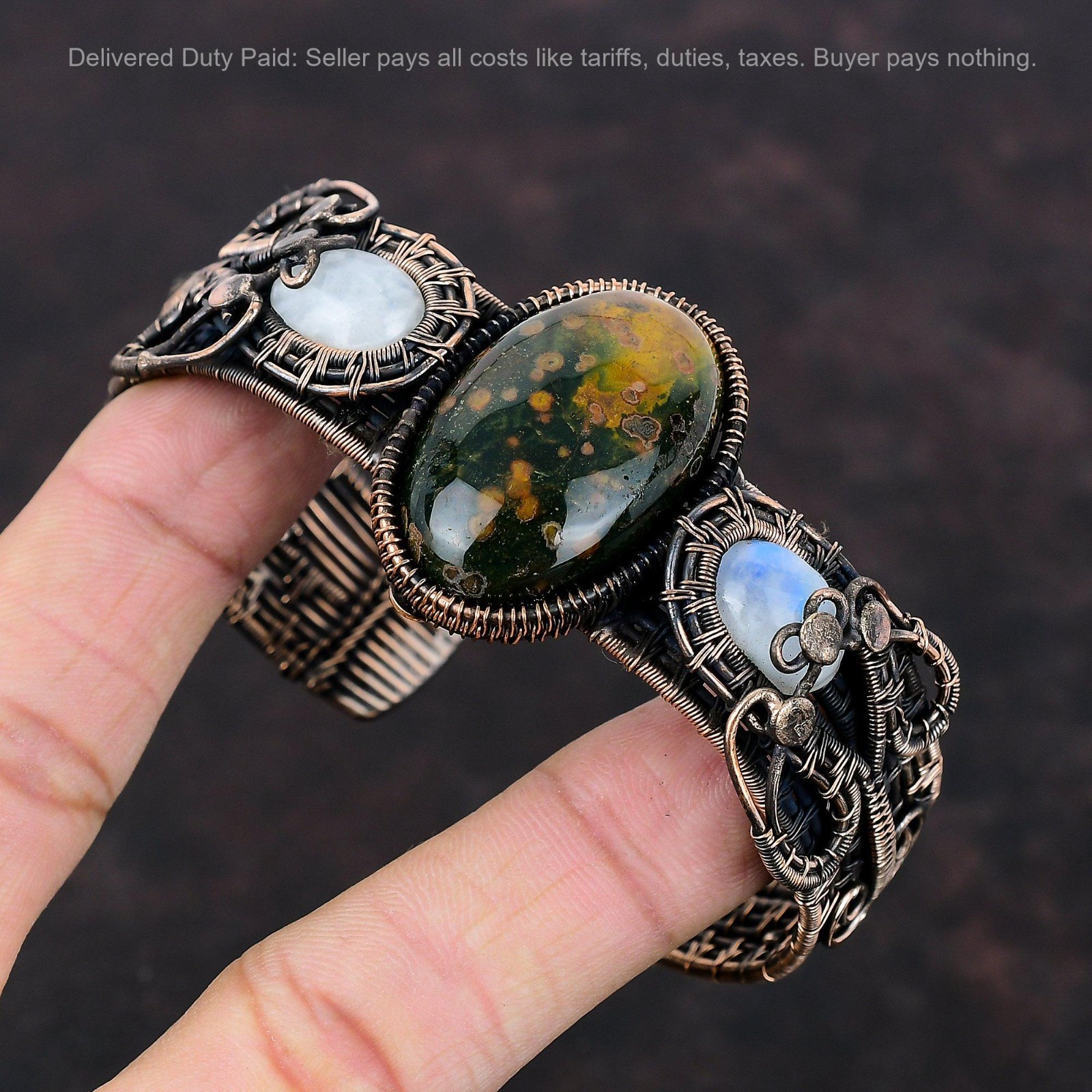Copper Natural Ocean Jasper Rainbow Moonstone Boho Wire Wrapped Bangle Bracelet