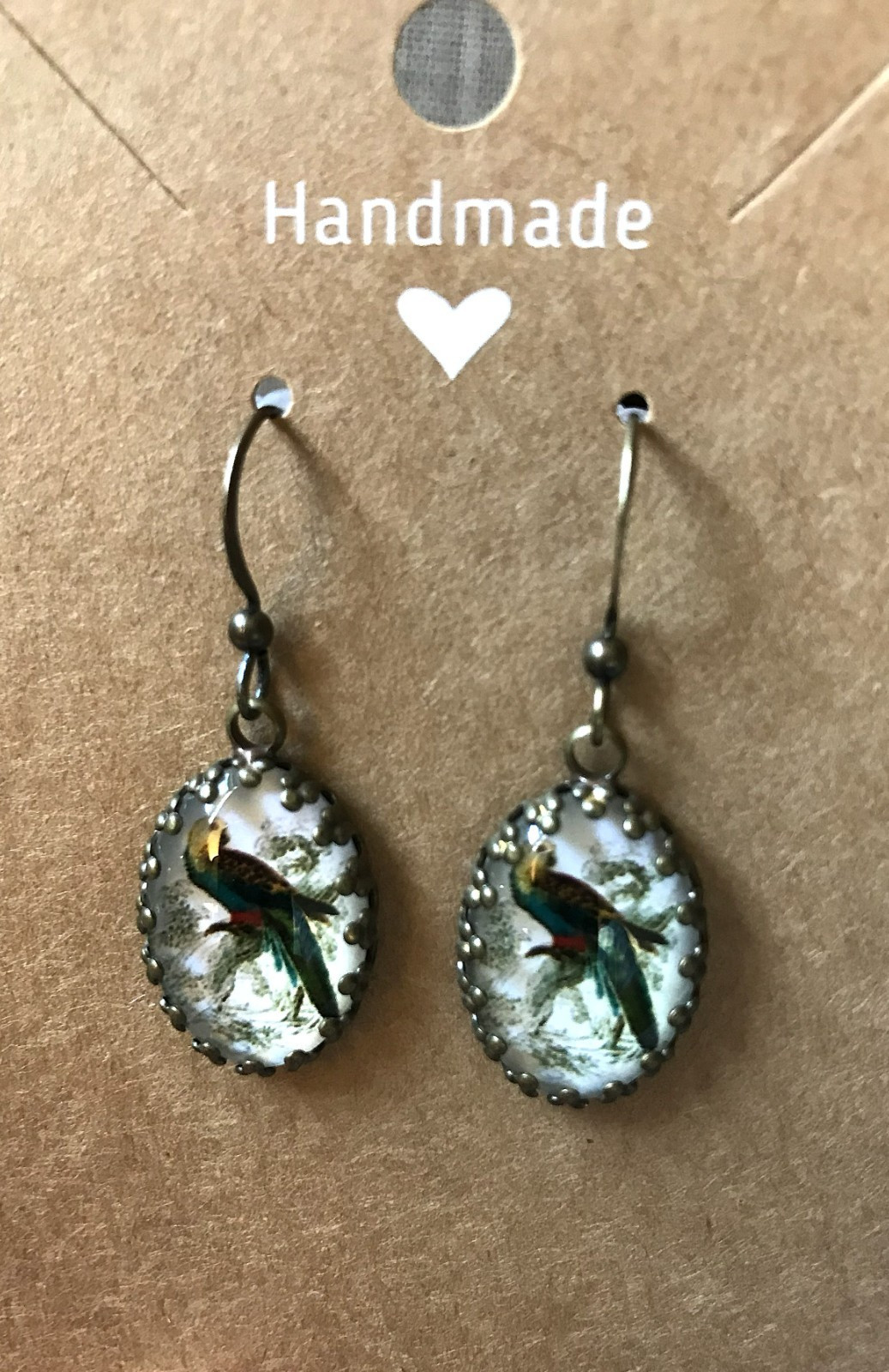Vintage Style Parrot Bird Image Glass Cabochon Bronze Dangle Hook Earrings