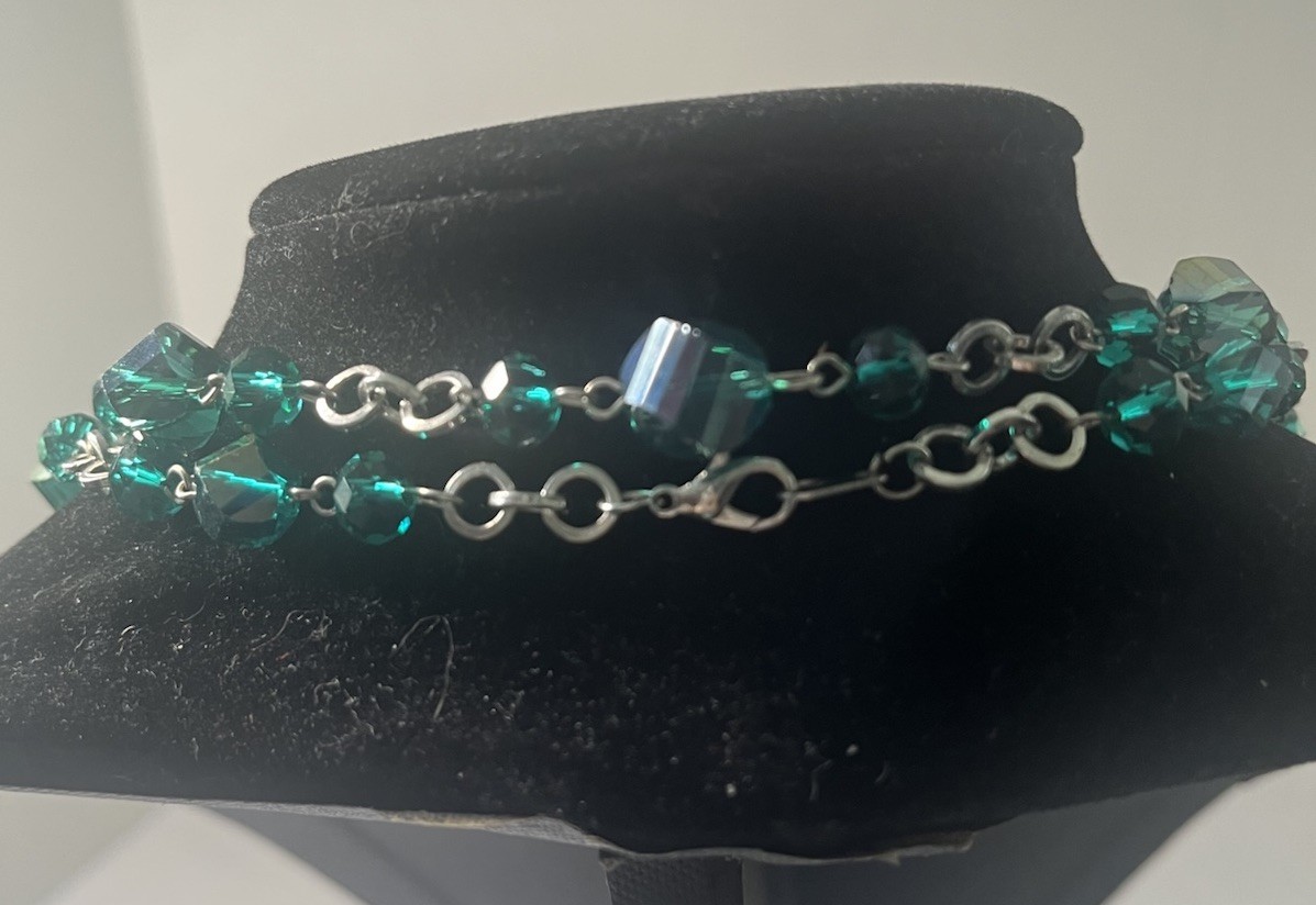Long Blue/Green Faceted Glass Bead Necklace Strand Opera Length 54″ SALE!