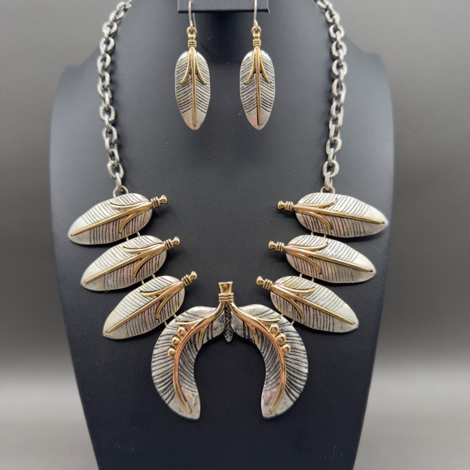 Mixed Metal Feather Boho Statement Necklace Earring Set Southwestern Chunky
