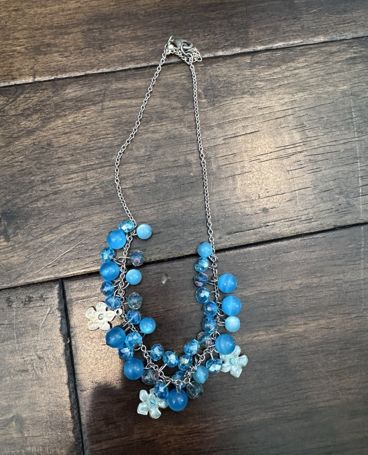 Blue Glass Beaded Flower Charm Necklace Silver Tone Cable Chain 8 in Adjustable
