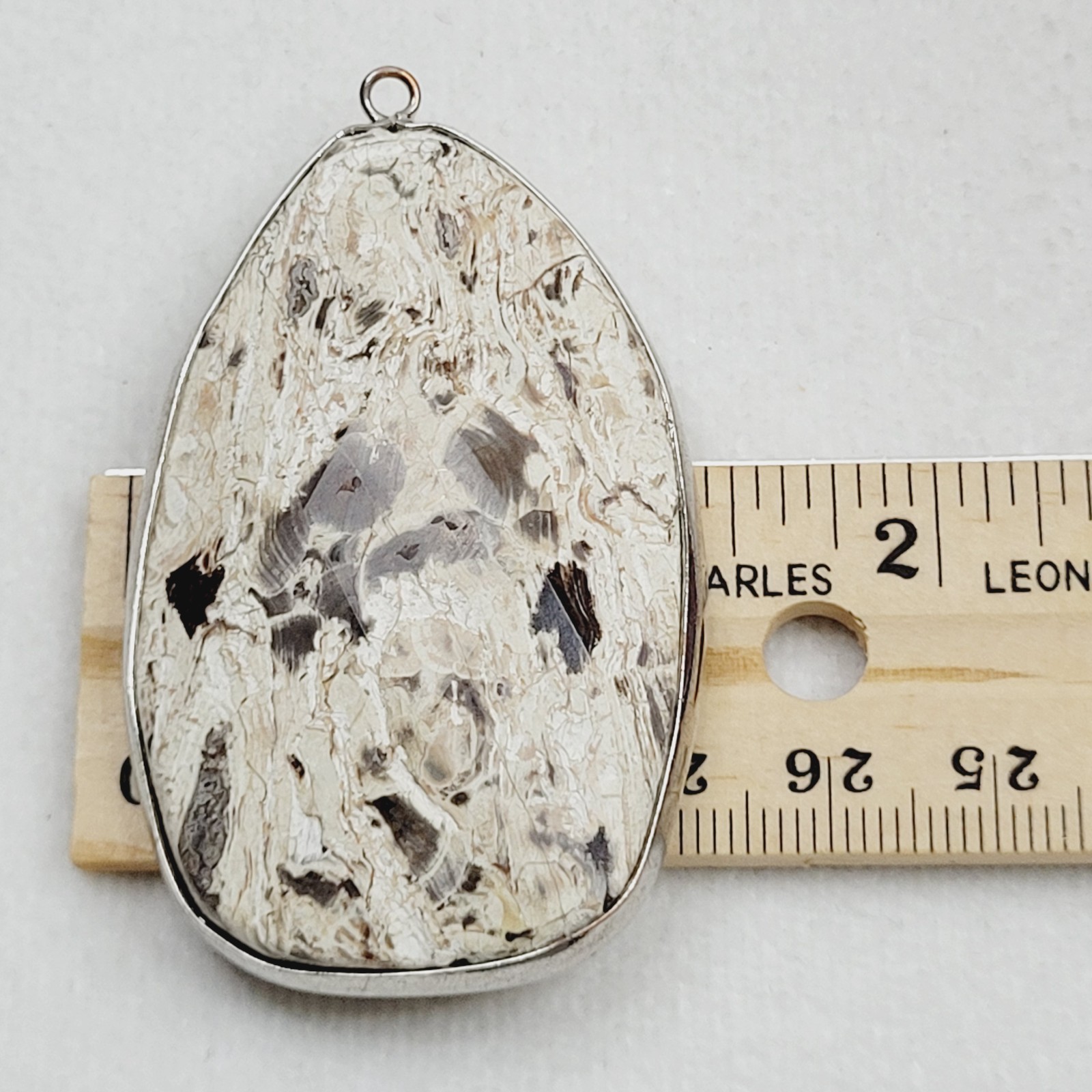 White Gray Petrified Wood Fashion Jewelry Pendant Fossilized Artsy Silver Tone