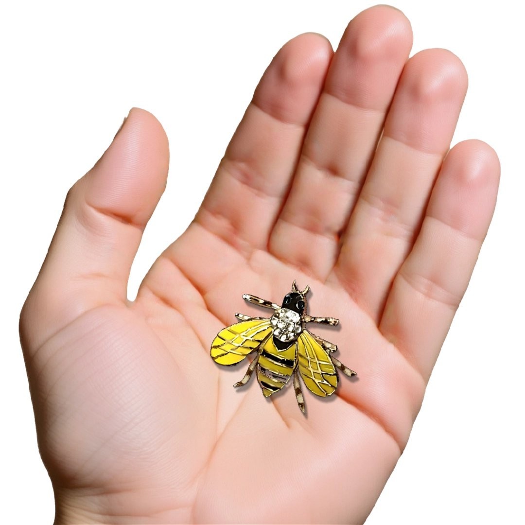 Gold Color Enamel Small Cute Bee Brooch Pin Gold Tone With Clear Crystals