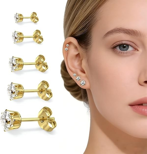5 Pairs 14K Gold Silver Stainless Steel CZ Stud Earrings Set Women Men 3-7mm