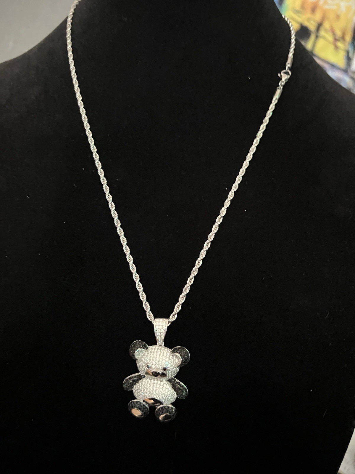 24” stainless steel Necklace w/5Acz teddy bear pendant iced out