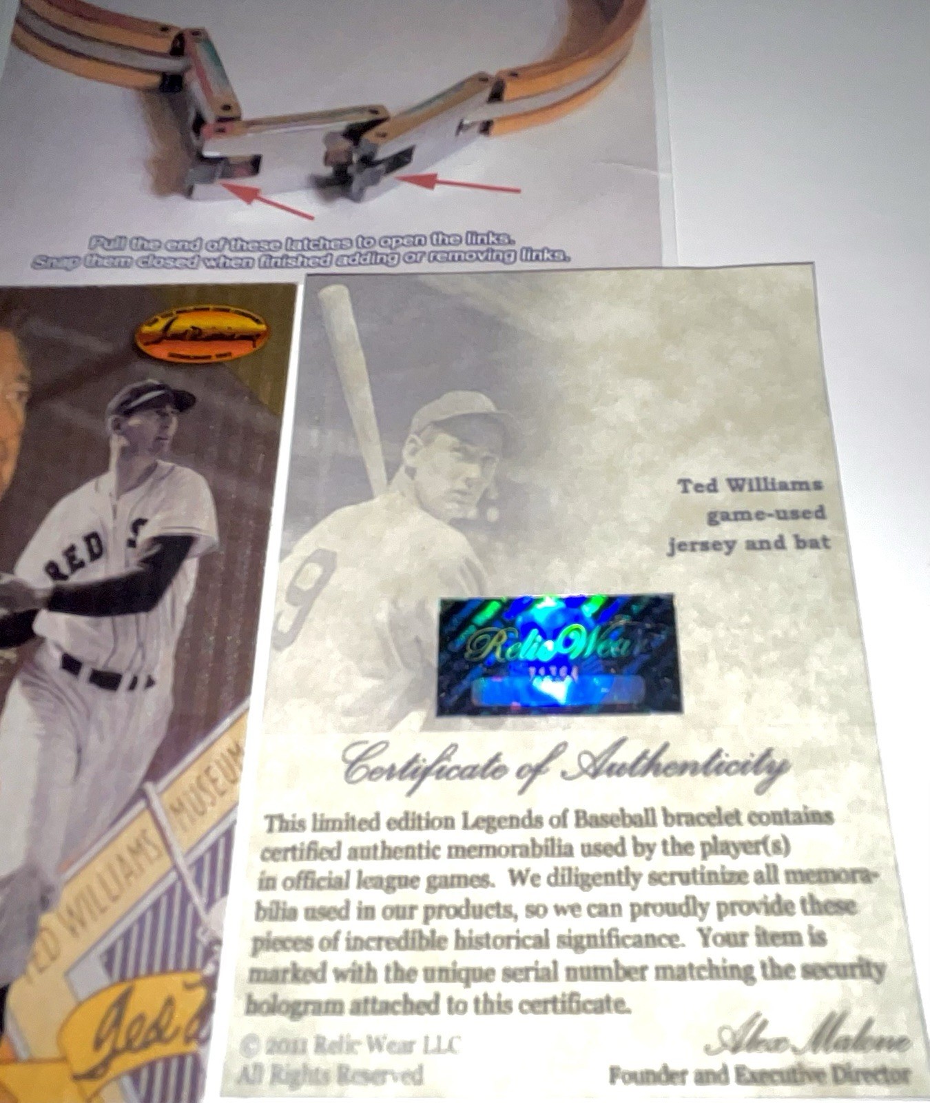 TED WILLIAMS•G/U-Bat/Jsy 10mm SS Bracelet•Ex Rare•2011 Relic Wear•Case+SEE PICS+