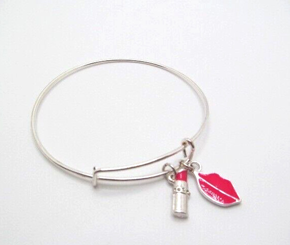 Silver Tone Metal Pink Lipstick & Lips Sliding Enamel Charm Bangle Bracelet
