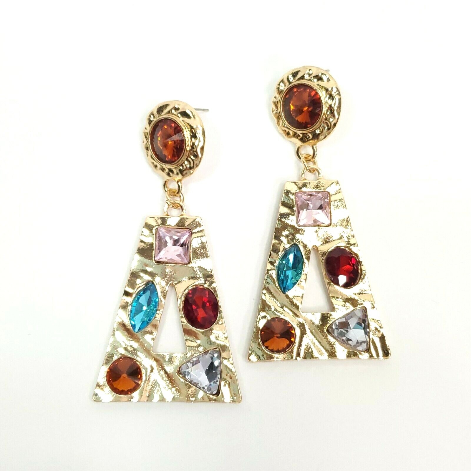 E0305 Gold Tone Metal Multi Rhinestones Trapezoid Shape Drop Dangle Earrings