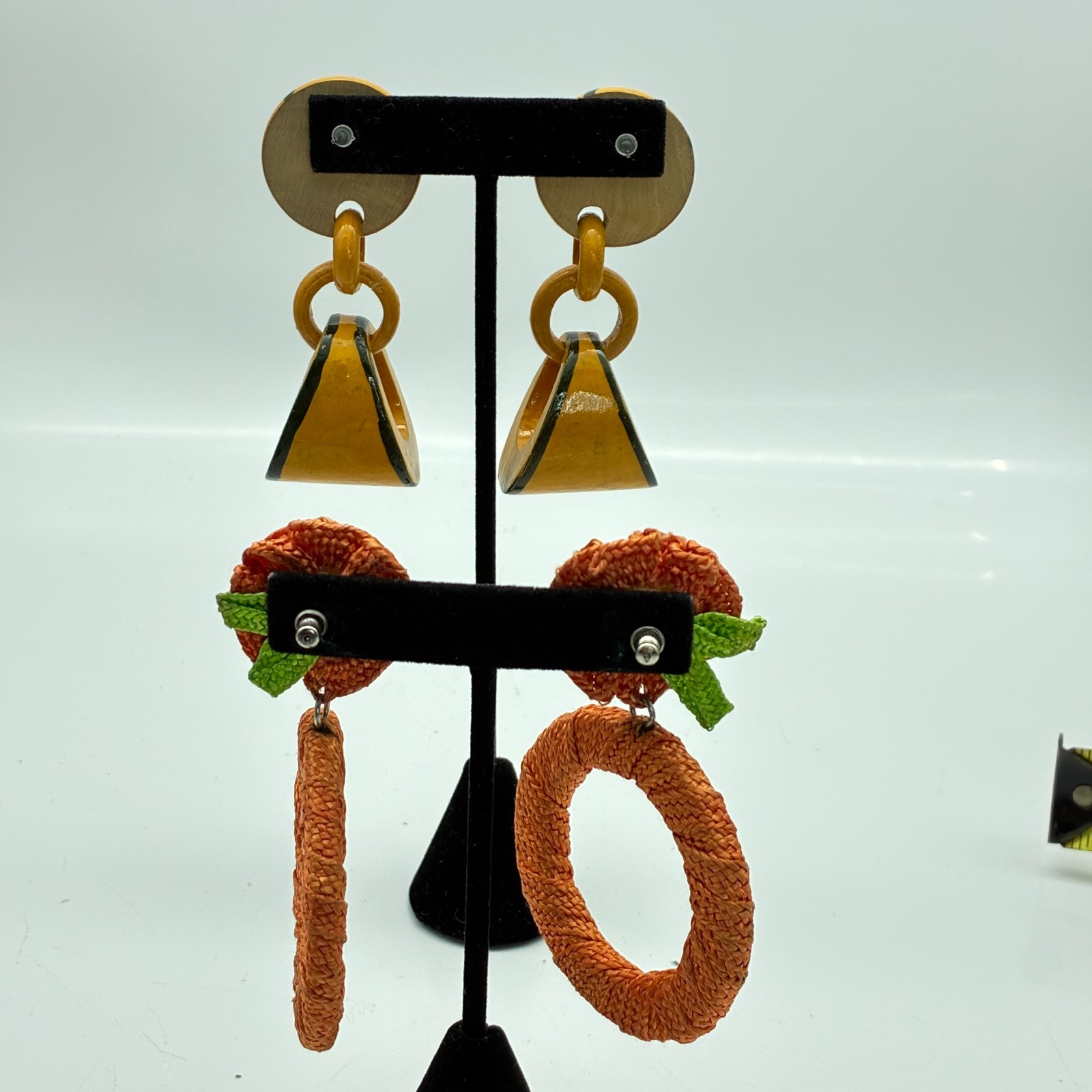 Boho Statement Dangle Earrings Lot of 2 Orange Rope Hoop and Painted Wood