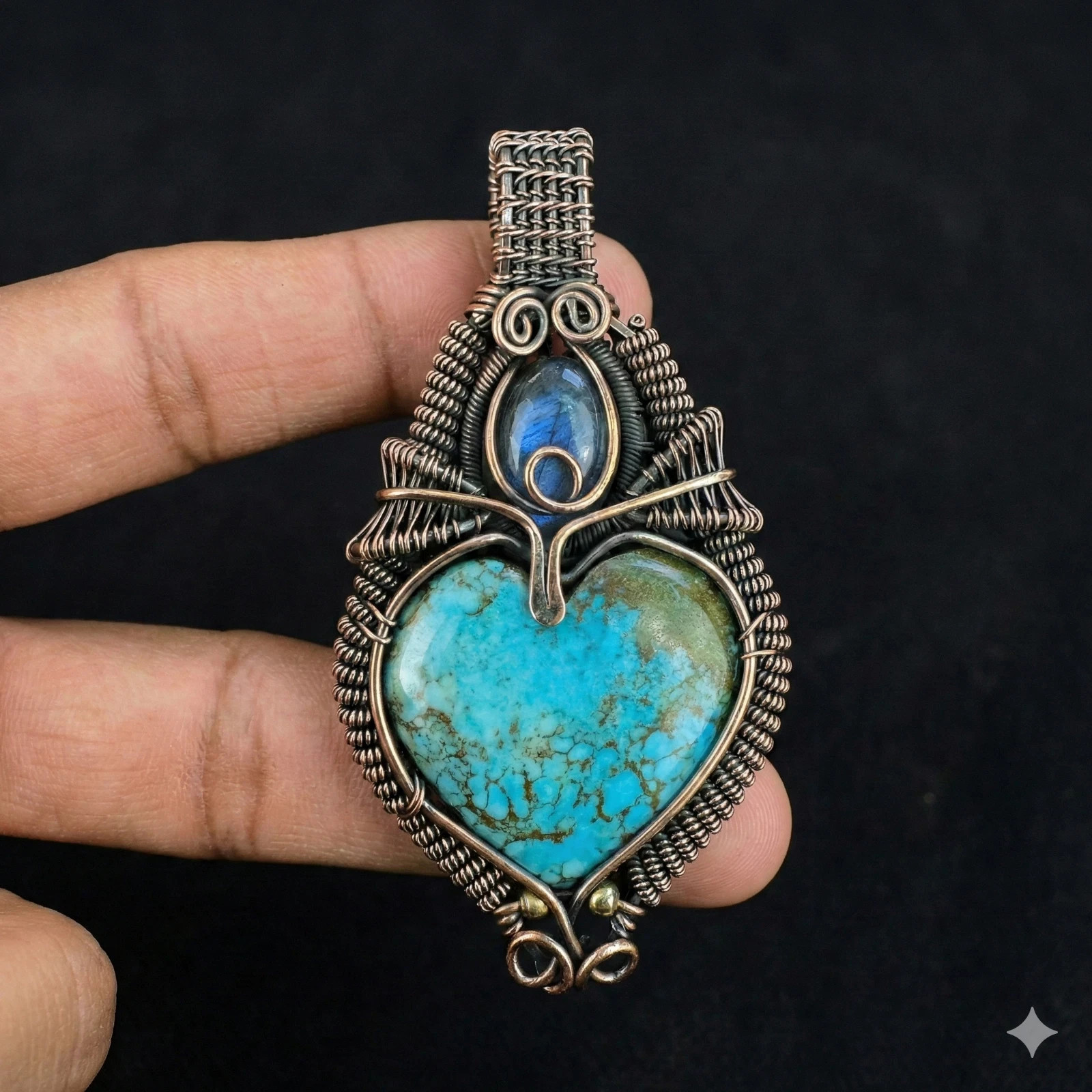 Artisan Wire Weave Copper Pendant Heart Turquoise Labradorite Boho Large