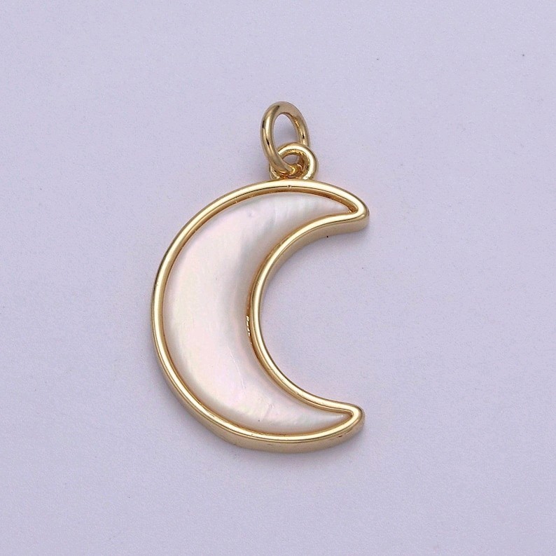 14k Gold Filled Dainty Shell Pearl Crescent Moon Charm, Minimalist Celestial Pen