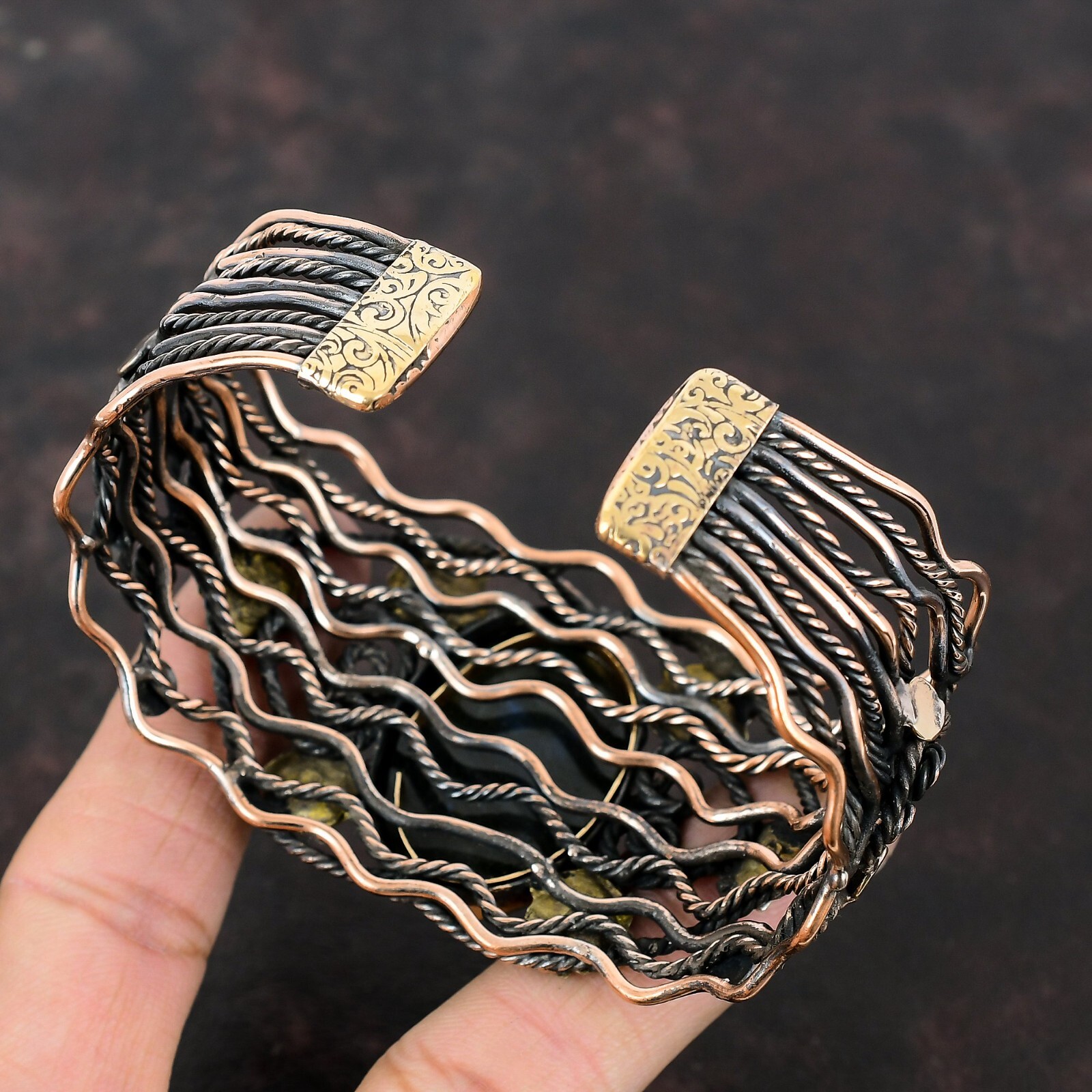 Labradorite Wire Wrapped Flower Adjustable Bangle Handcrafted Copper Partywear
