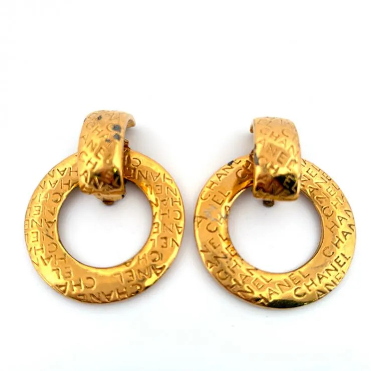 CHANEL Vintage Logo Hoop Earrings 2WAY Gold Plated Auth Japan