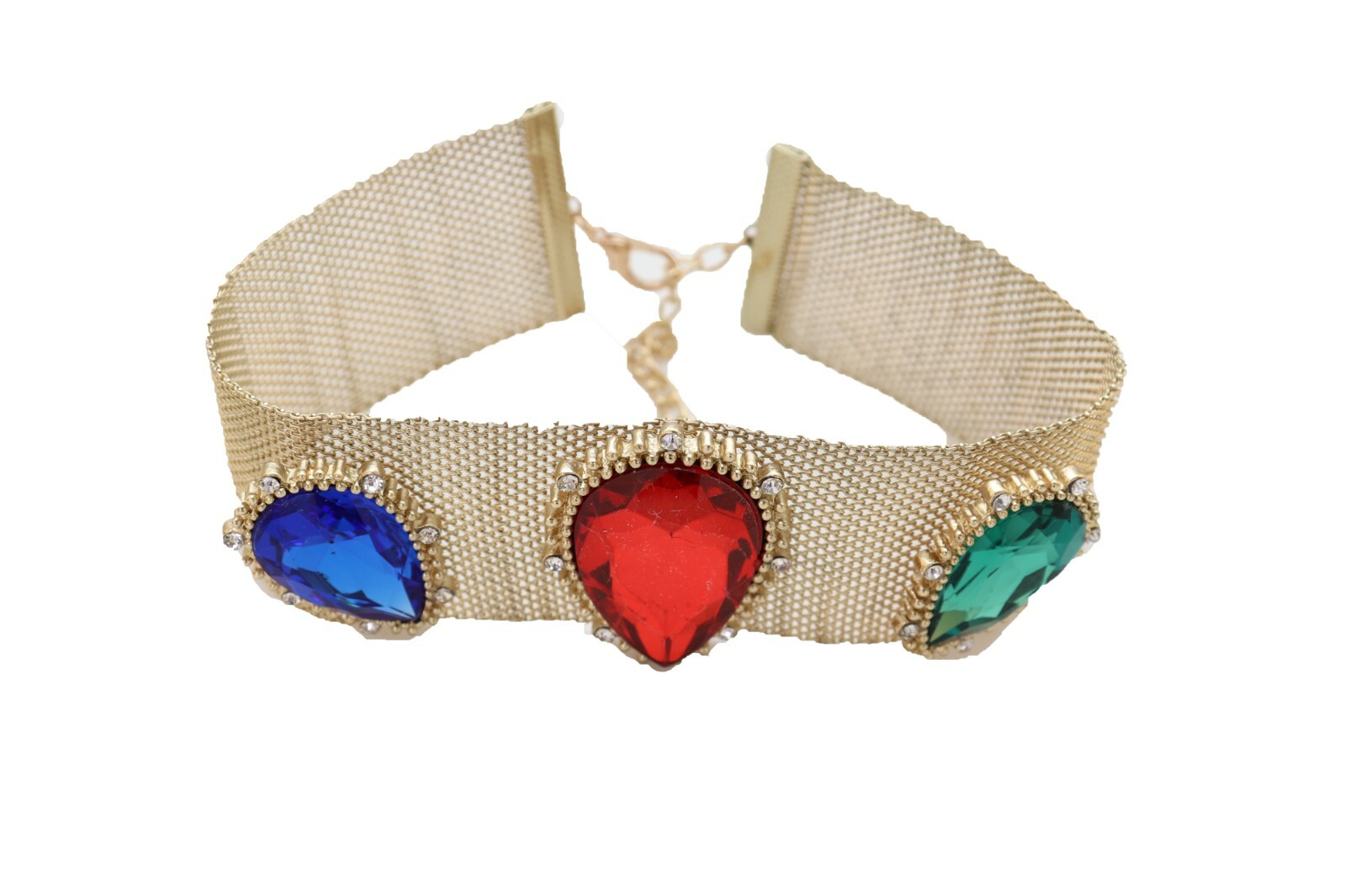 NEW Women Jewelry Gold Mesh Metal Choker Band Necklace Red Blue Green Crystals