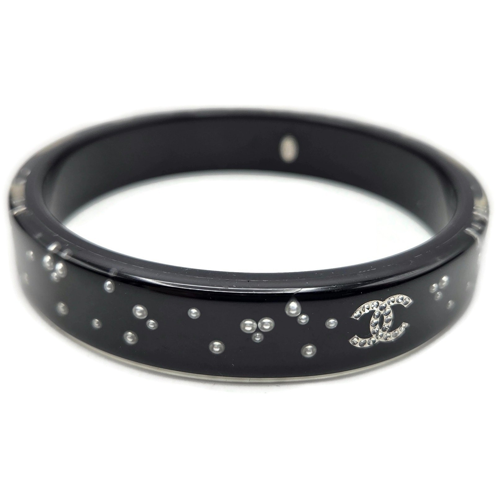 Chanel Black Resin Faux Pearl Crystal CC Logo Details Bangle Bracelet Jewelry