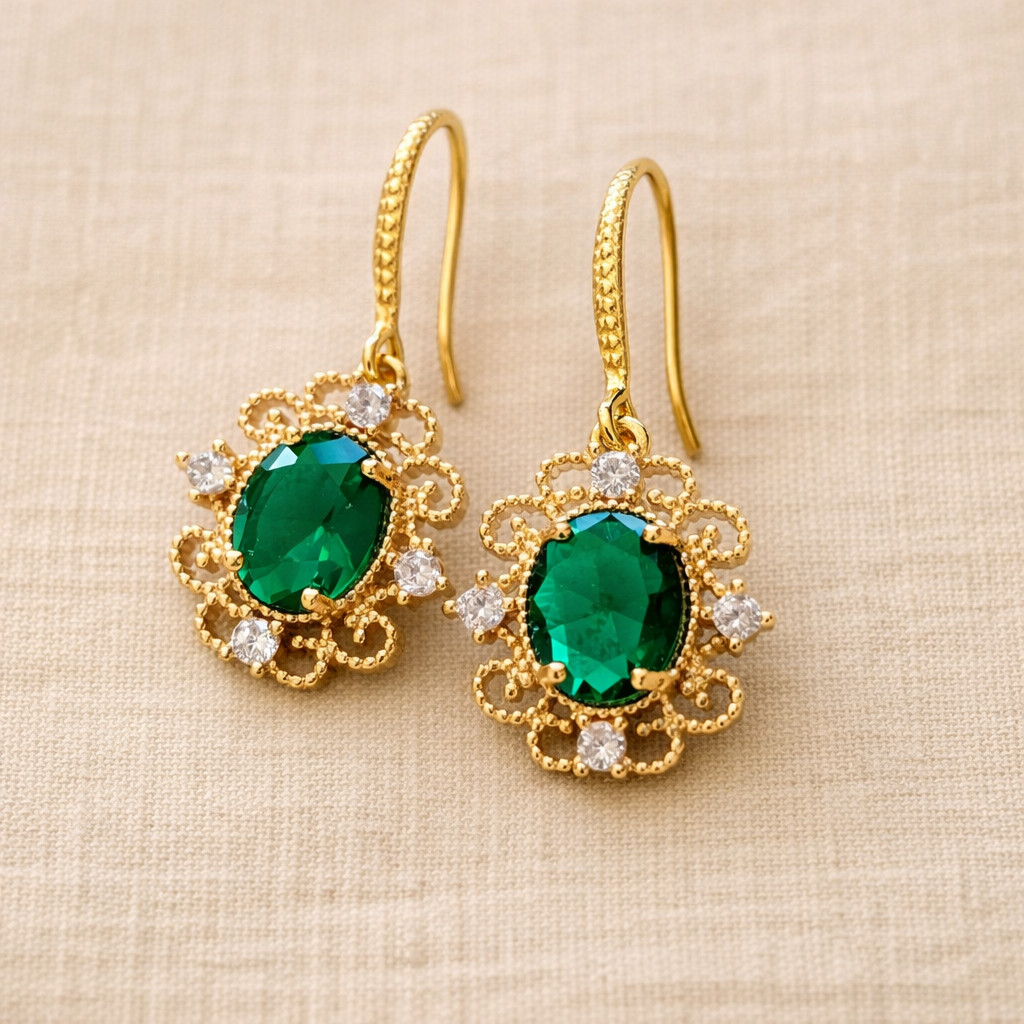 Regency Gold Plated Emerald Green Drop Earrings Vintage Bridal Jewelry Elegant