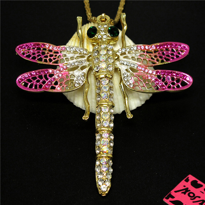 New Enamel Pink Crystal Dragonfly Fashion Women Sweater Long Chain Necklace