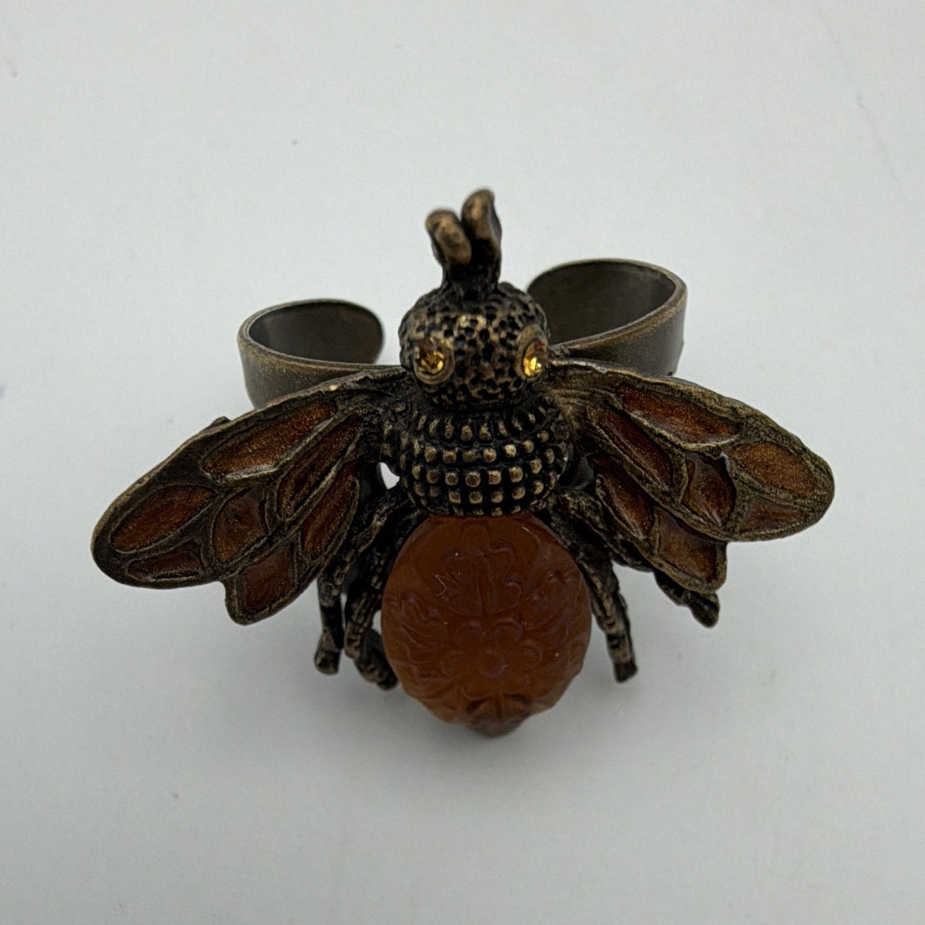 Bronze Tone Bee Adjustable Cuff Ring Brown Bead Metal Animals & Insects